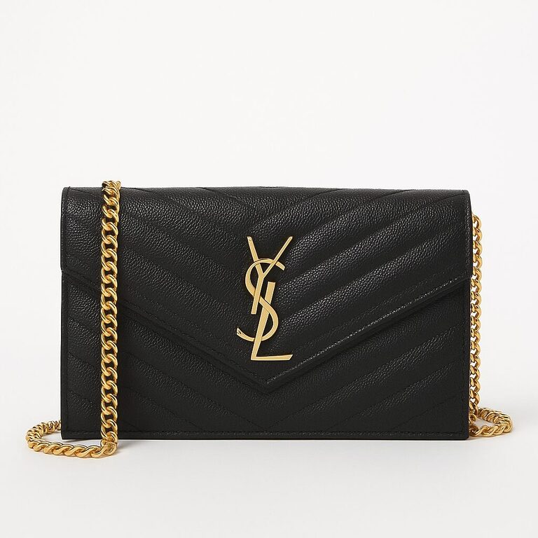 YSL Black Leather Envelope Chain Wallet with Gold Hardware