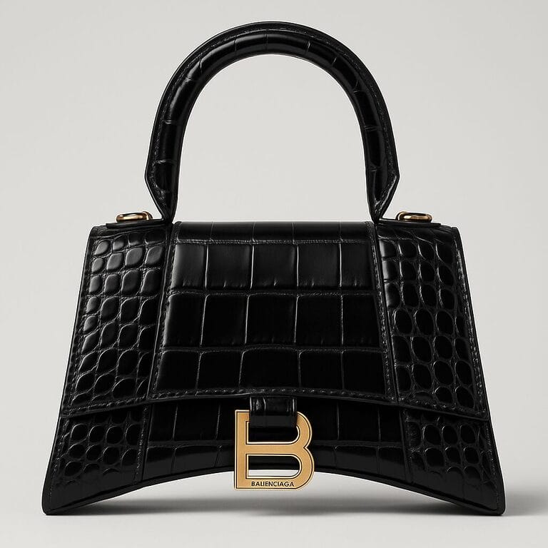 Balenciaga Hourglass Small – Black Croc with Gold Hardware