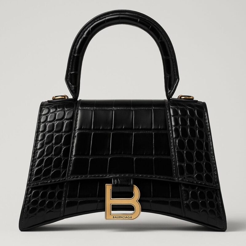 Balenciaga Hourglass Small – Black Croc with Gold Hardware