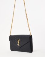 YSL Black Leather Envelope Chain Wallet with Gold Hardware - Image 9
